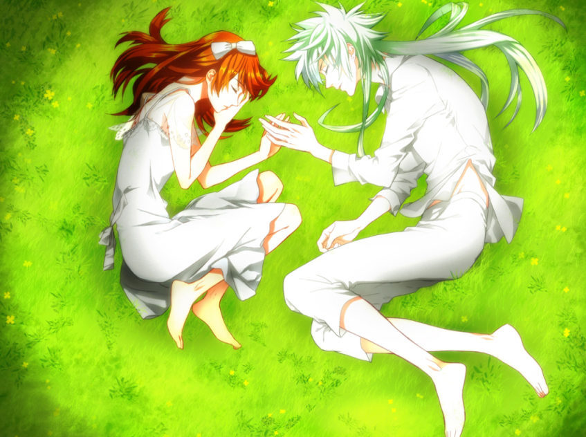 Dandelion: Wizard end Heejung and the wizard lie in a field of grass, eyes closed and curled up in sleep, their hands lightly touching. They're both wearing simple white clothing and have bare feet.