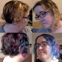 galaxy hair my head from various angles, showing it bleached except for the roots, and then dyed in blues and purples.