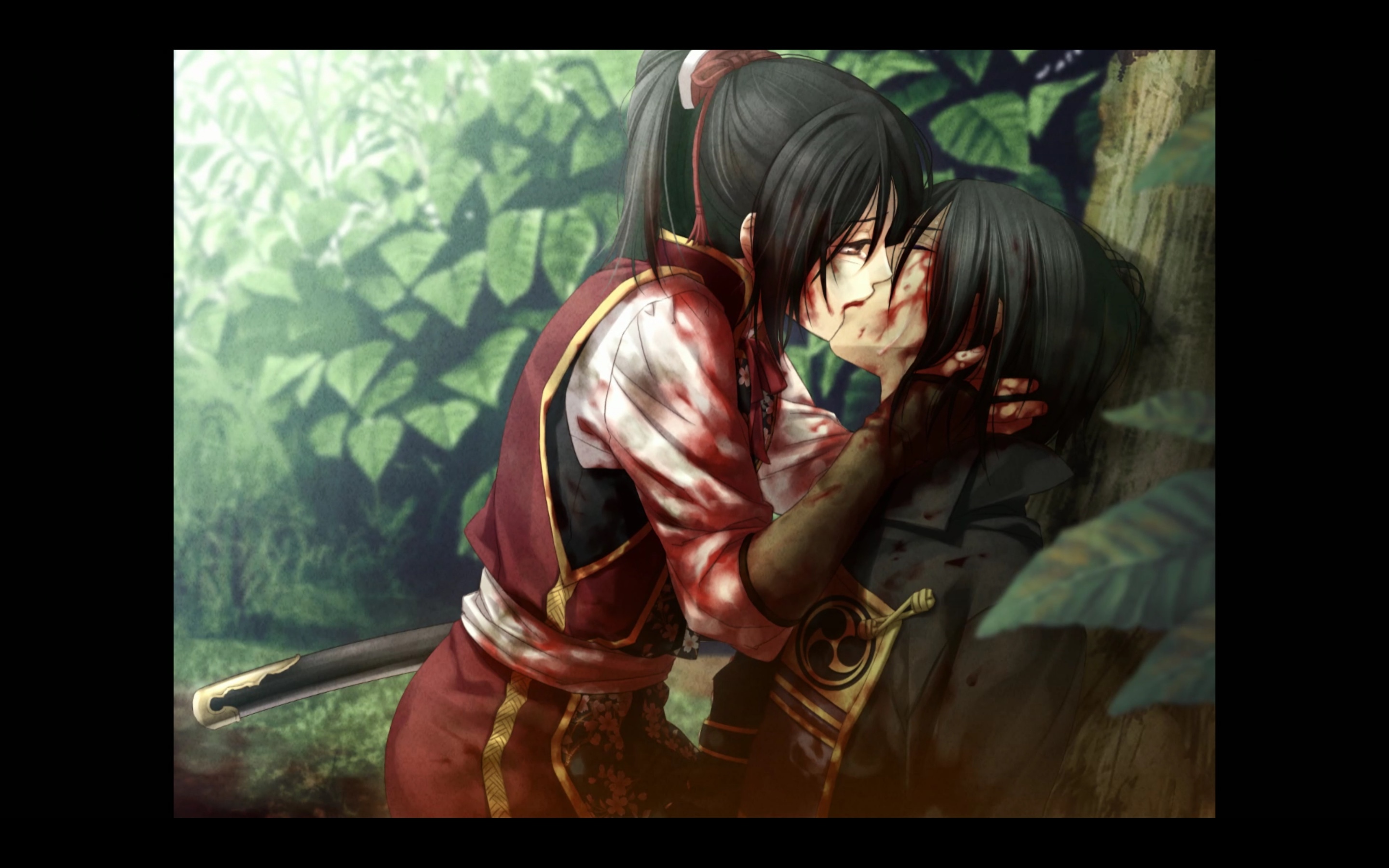 Chizuru, covdred in blood, straddles and kisses a prone and even more blood covered Hijikata