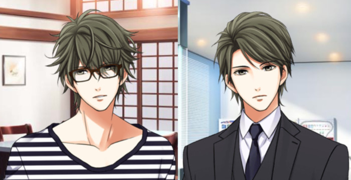 Two bedroom story: 2 tsumugis A grey-brown haired cute dating sim guy. On the left his hair is shaggily almost hiding his grumpy eyes, he's wearing chunky glasses, and a loose striped v-neck. On the right his hair is slicked back, his expression is blank, and he's wearing a suit.