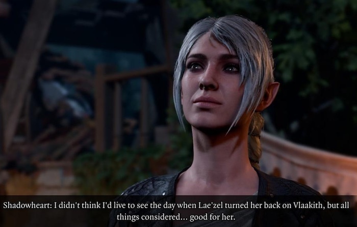 bg3: white shadow Shadowheart, with white-grey hair, says I didn't think I'd ever see the day when Lae'zel turned her back on Vlaakith, but all things considered... good for her.