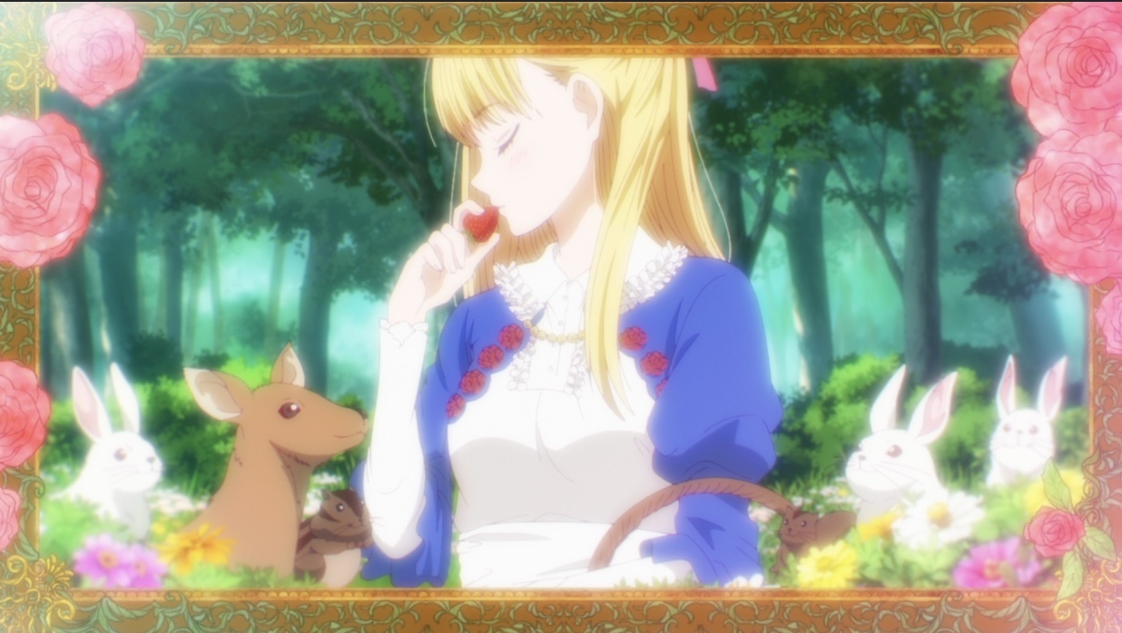 Vampire Dormitory: Sweet A blonde girl with a fairy tale vibe, surrounded by animals, sniffs a strawberry.