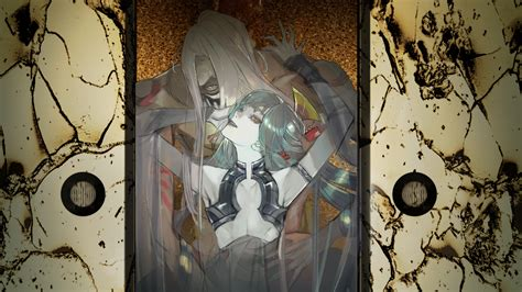 Art noveau-ish picture of a tall pale monster embracing a smiling androgynous figure in revealing black leather. 