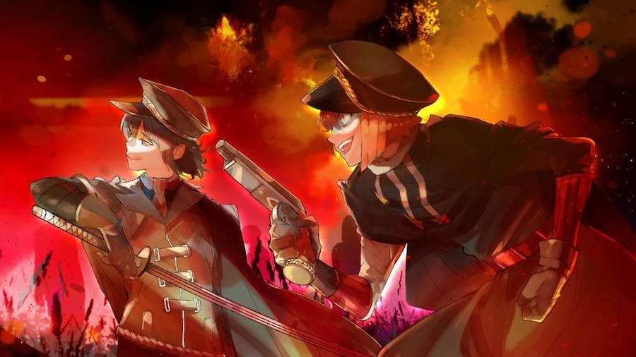 JackJeanne: Brothers Kisa and Sou look manically unhinged, dressed in outfits that look like militaristic old fashioned Japanese boy's school uniforms, holding weapons, against firey splashes of colour.