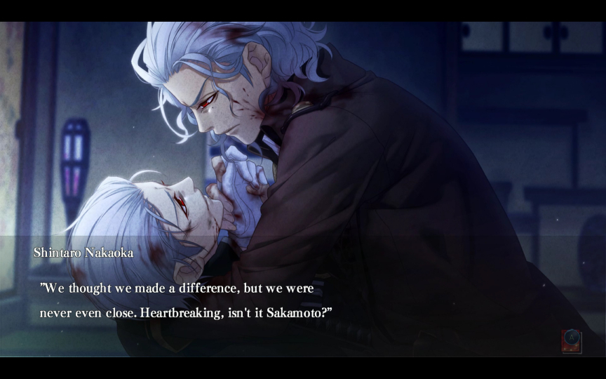 Hakuoki: Heartbreak One blood spattered, whitehaired man (Nakaoka) in the arms of another (Sakamoto) Nakaoka Shintaro: We thought we made a difference, but we were never even close. Heartbreaking, isn't it Sakamoto?