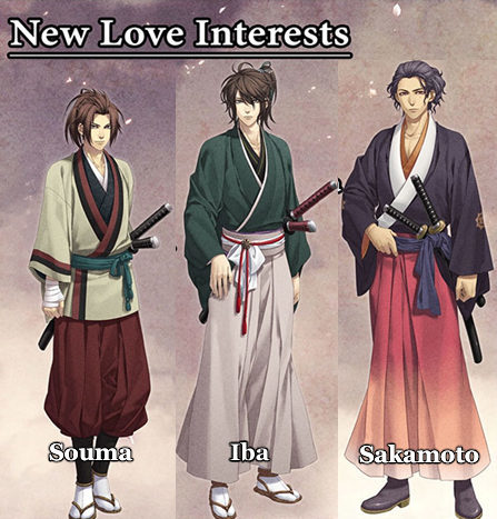 hakuoki new LIs Three cute samurai dudes. Text says: New love interests: Souma, Iba, Sakamoto