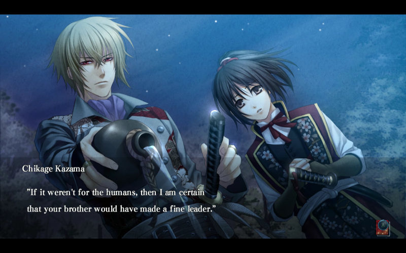 Hakuoki: grave Chizuru looks on sadly while Kazama pours out sake. Chikage Kazama: If it wern't for the humans, then I am certain that your brother would have made a fine leader.
