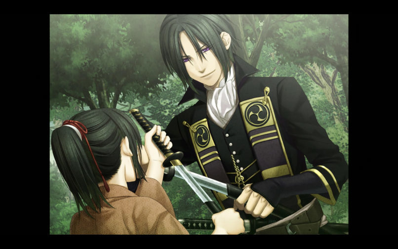 Hijikata and the protagonist holding their crossed swords against each other.